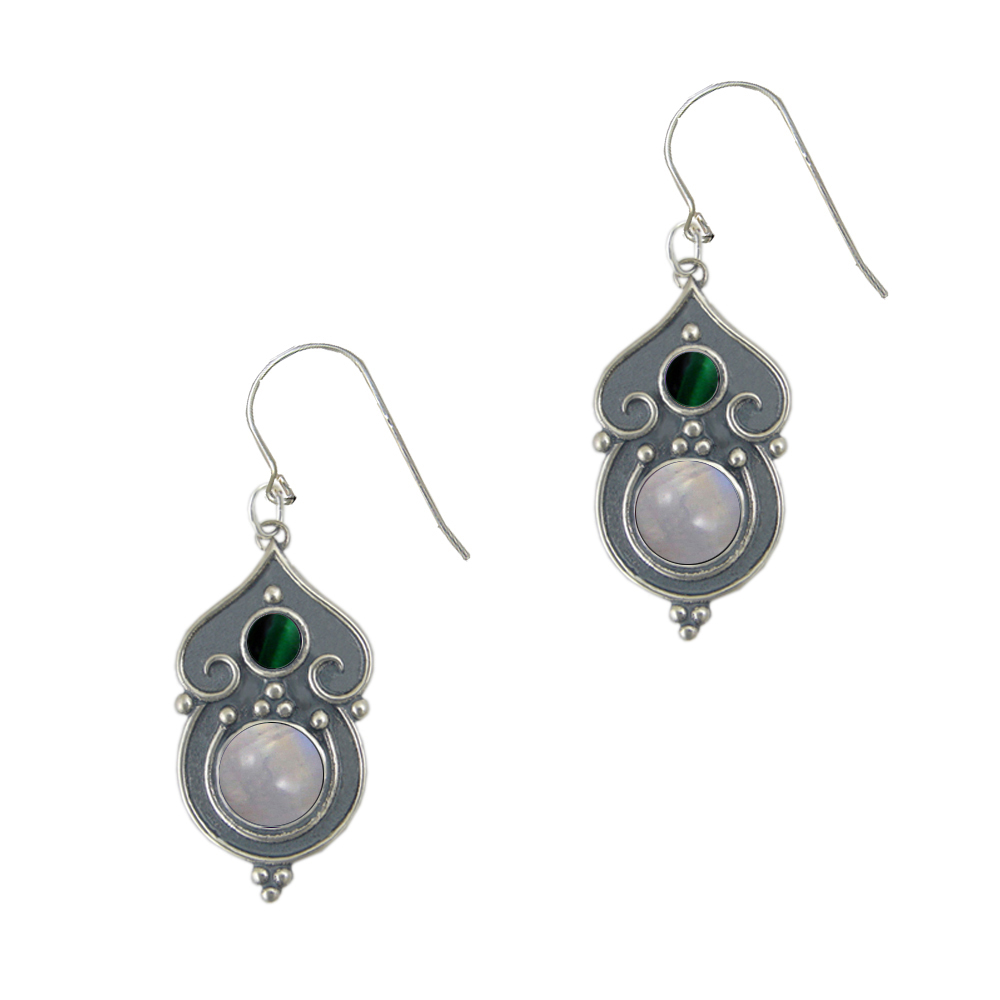 Sterling Silver Gothic Inspired Drop Dangle Earrings With Rainbow Moonstone And Malachite